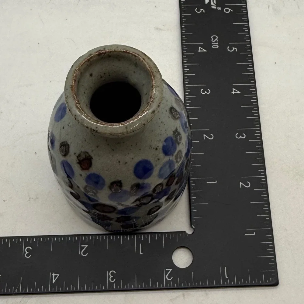 Knobler Japan Studio Pottery Bud Vase Blue Brown Polka Dot‎ Stoneware MCM 4 inch